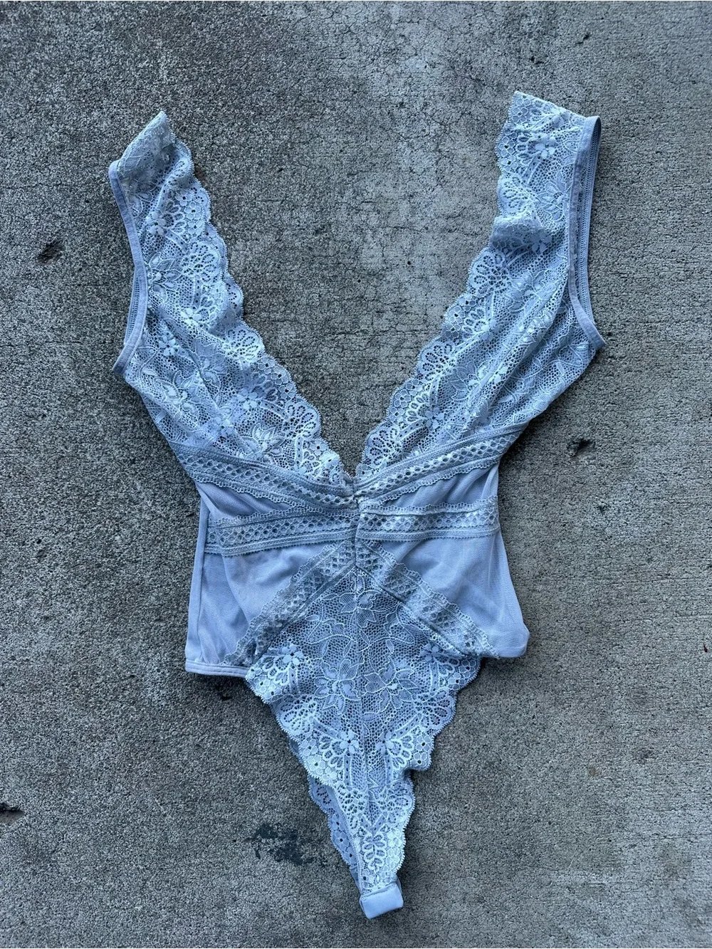 Mapale Blue Lace Plunge V Neck Bodysuit